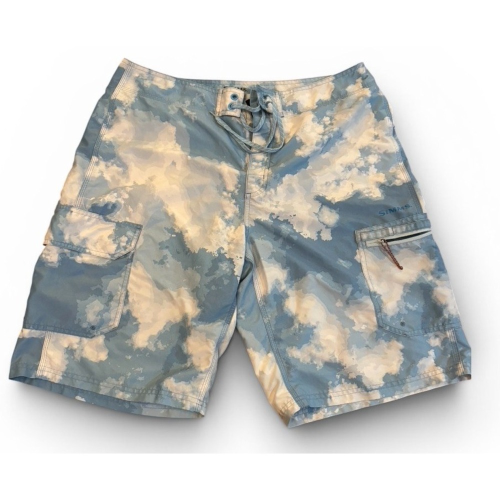 Simms SolarFlex Cargo Shorts Blue Cloud Pattern Quick Dry L Fishing